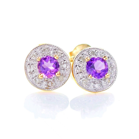 9ct Amethyst Diamond Earrings Gold Studs Natural Round Purple Gemstones 0.46ct