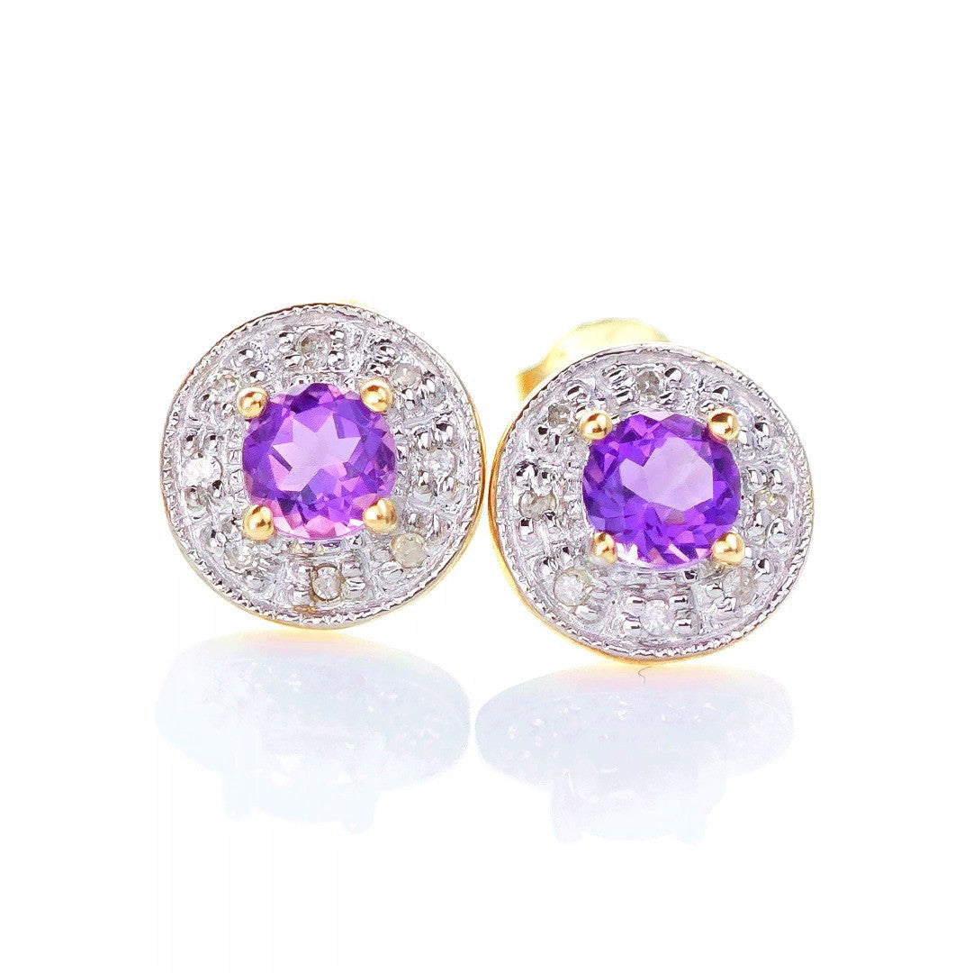 9ct Amethyst Diamond Earrings Gold Studs Natural Round Purple Gemstones 0.46ct