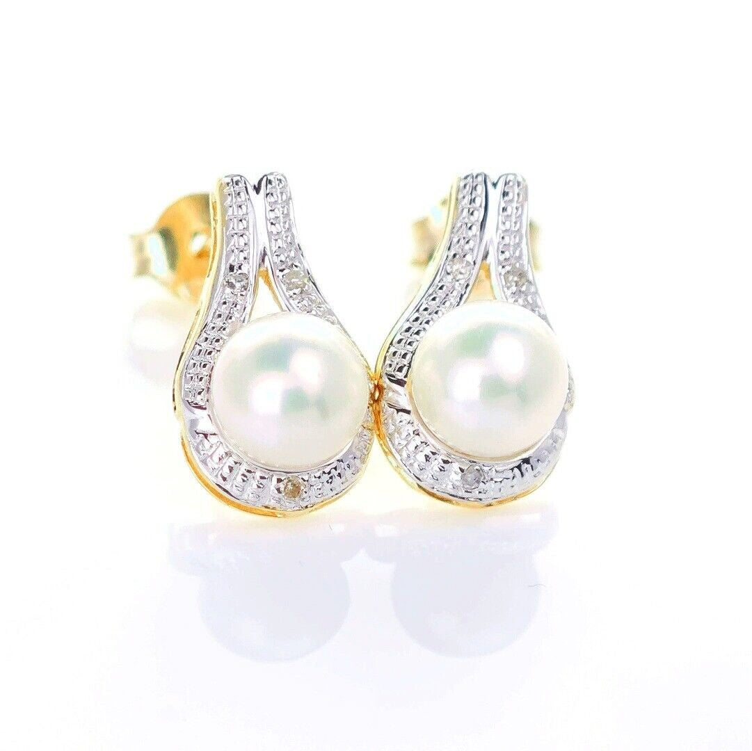 9ct Fresh Water Pearl  Diamond Earrings Gold Studs Natural Gemstones1.64ct