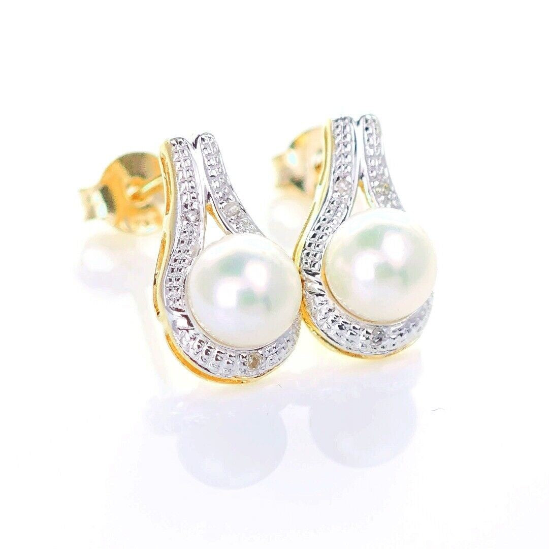 9ct Fresh Water Pearl  Diamond Earrings Gold Studs Natural Gemstones1.64ct