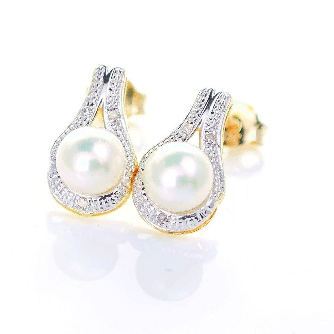 9ct Fresh Water Pearl  Diamond Earrings Gold Studs Natural Gemstones1.64ct