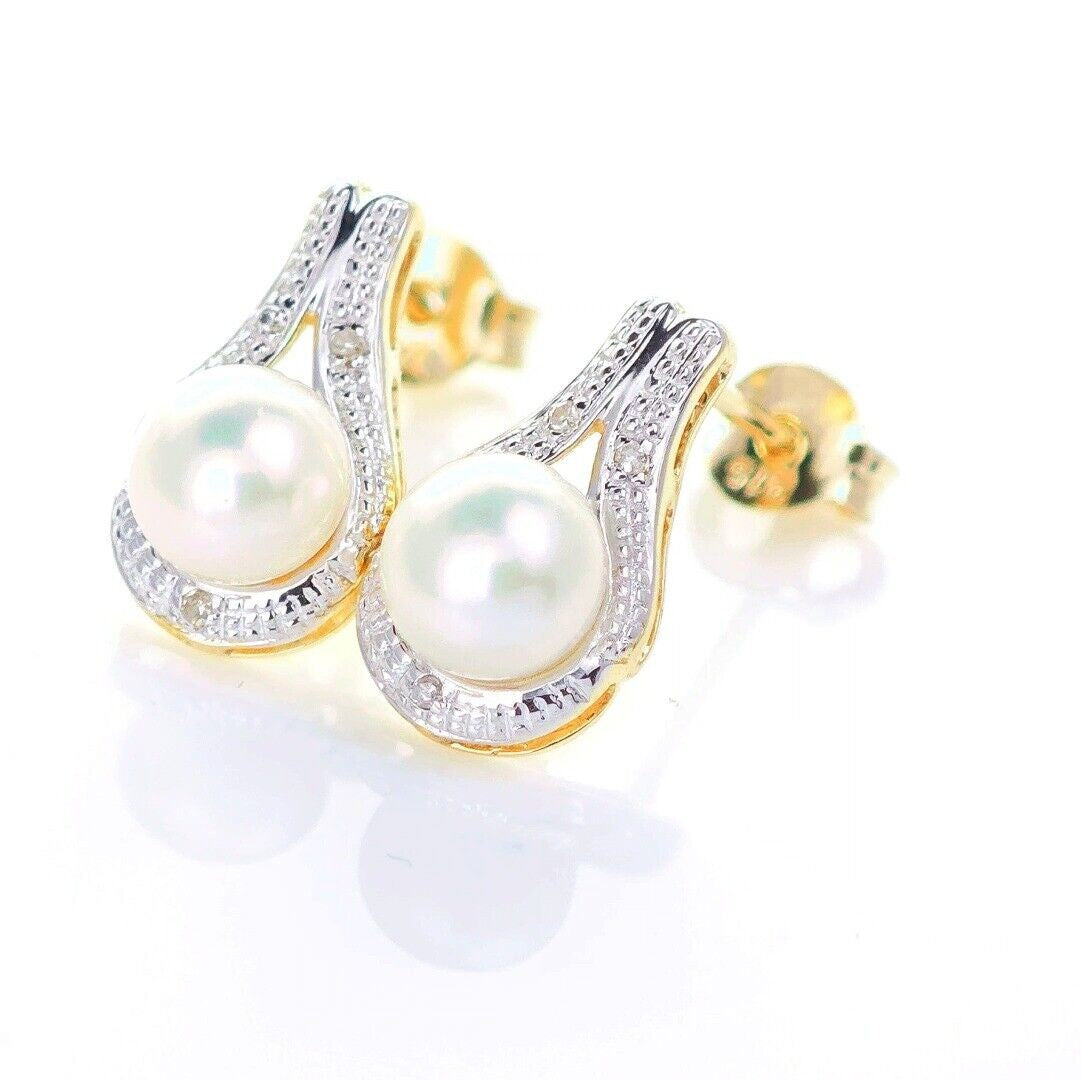 9ct Fresh Water Pearl  Diamond Earrings Gold Studs Natural Gemstones1.64ct