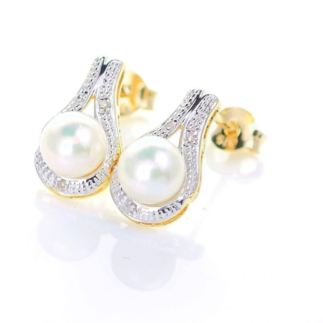9ct Fresh Water Pearl  Diamond Earrings Gold Studs Natural Gemstones1.64ct