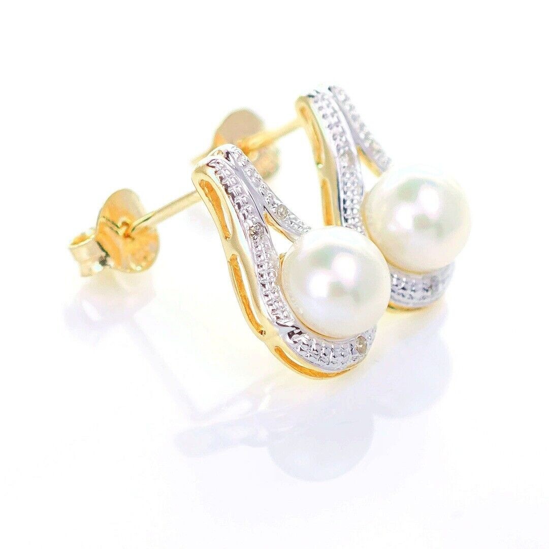 9ct Fresh Water Pearl  Diamond Earrings Gold Studs Natural Gemstones1.64ct
