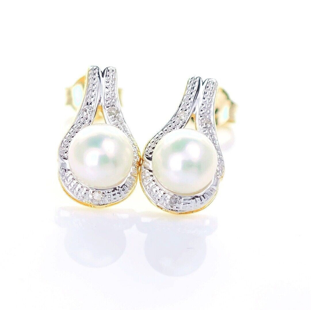 9ct Fresh Water Pearl  Diamond Earrings Gold Studs Natural Gemstones1.64ct