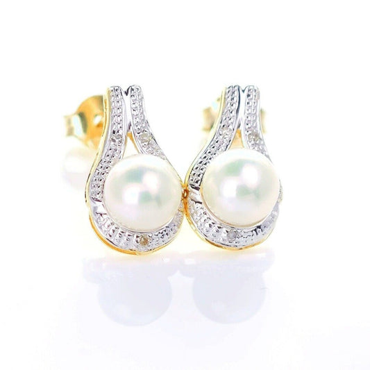9ct Fresh Water Pearl  Diamond Earrings Gold Studs Natural Gemstones1.64ct