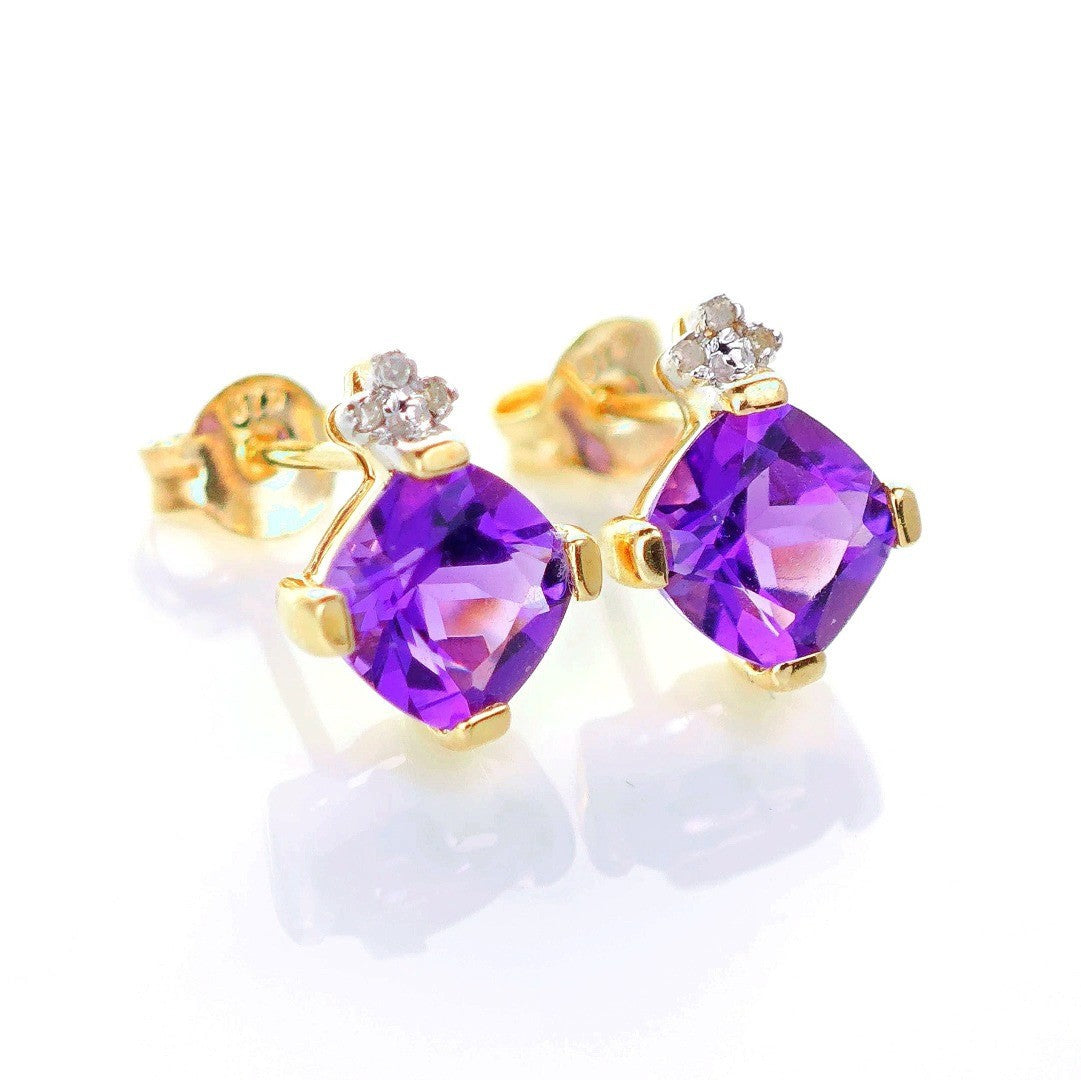 9ct Amethyst Diamond Earrings Gold Studs Natural Gemstones 1.64 ct