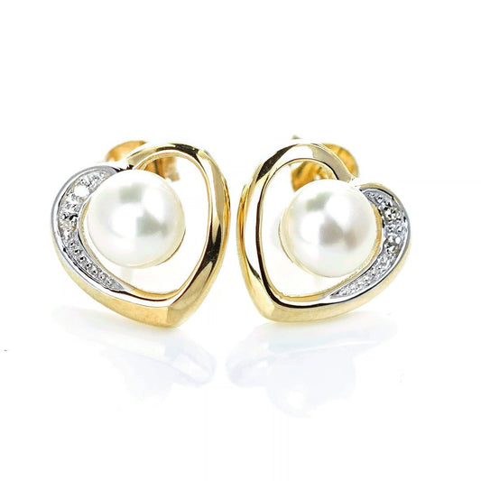 9ct Fresh Water Pearl Diamond Heart Earrings Gold Studs Natural Gemstones