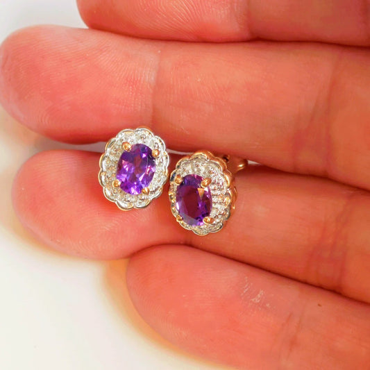 9ct Amethyst Diamond Earrings Gold Studs Natural Gemstones1.3ct Hallmarked