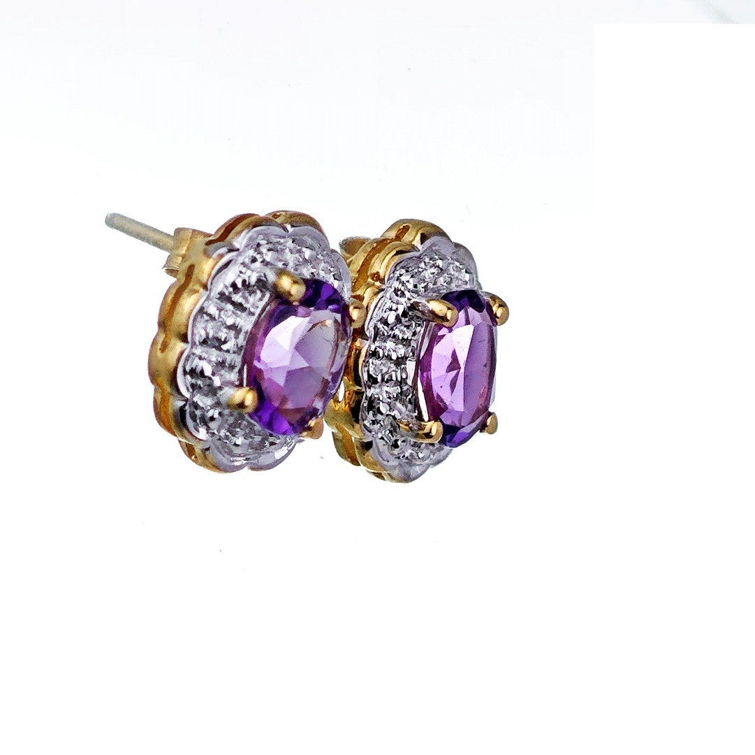 9ct Amethyst Diamond Earrings Gold Studs Natural Gemstones1.3ct Hallmarked