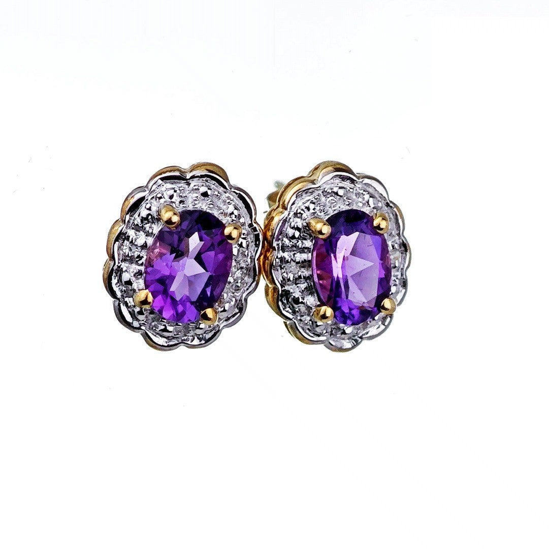9ct Amethyst Diamond Earrings Gold Studs Natural Gemstones1.3ct Hallmarked