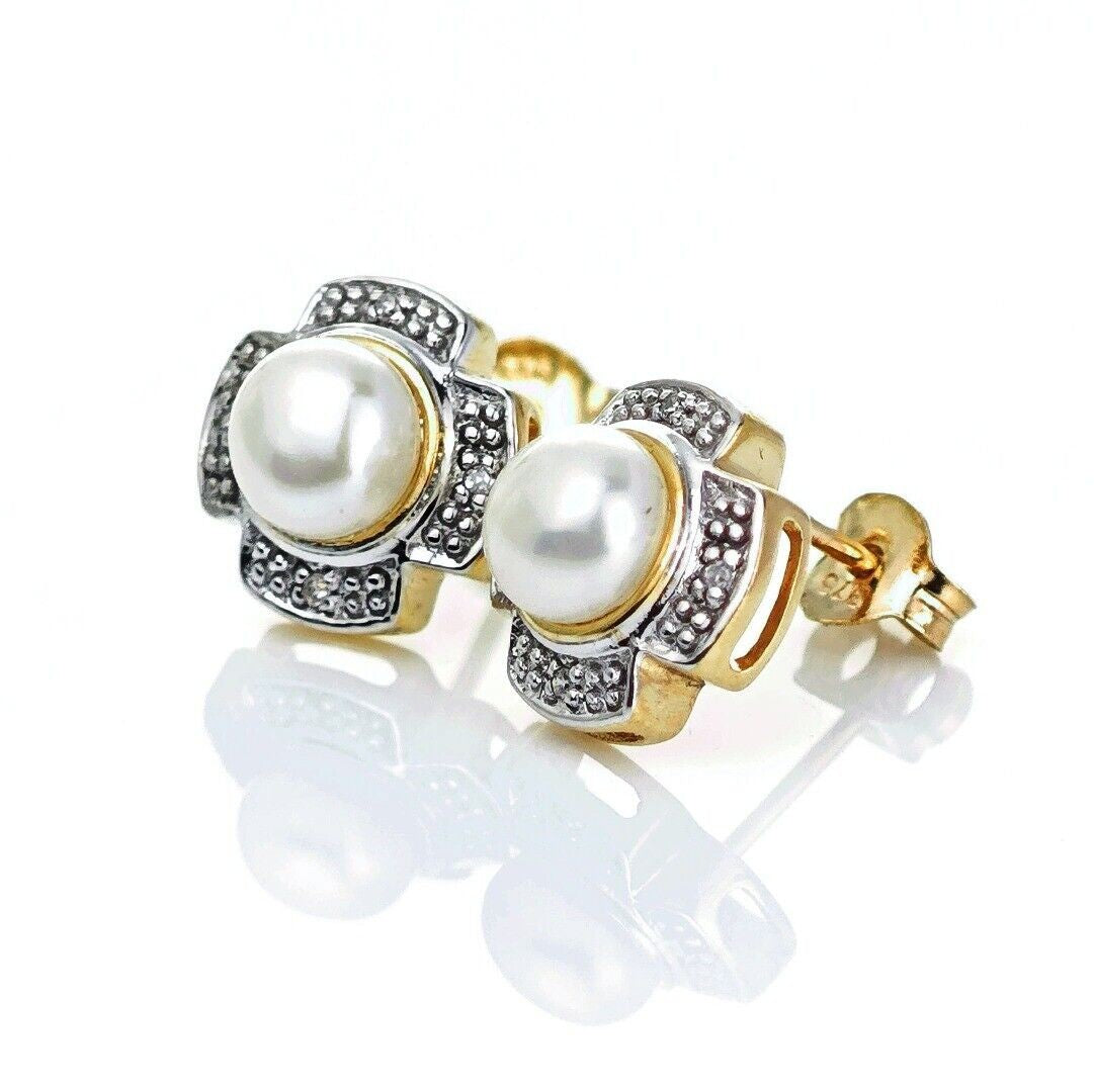 9ct Fresh Water Pearl  Diamond Earrings Gold Studs Natural Gemstones0.00ct