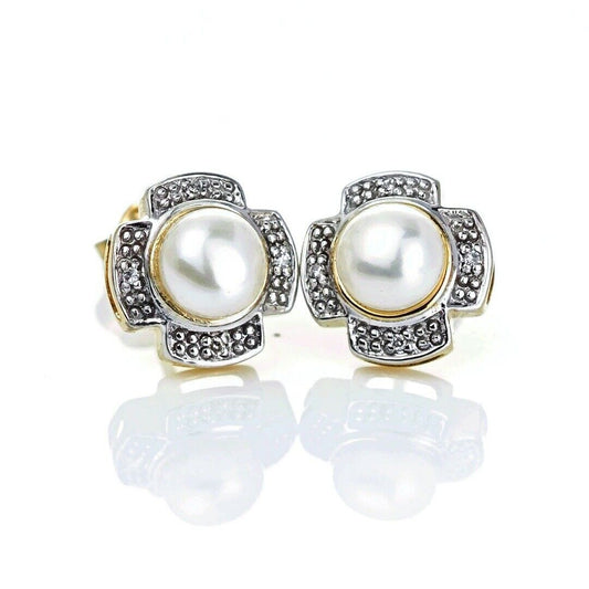 9ct Fresh Water Pearl  Diamond Earrings Gold Studs Natural Gemstones0.00ct