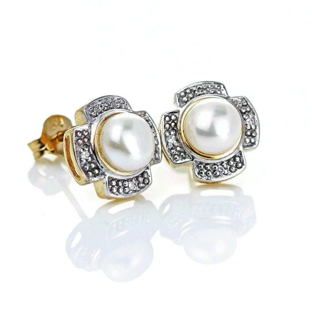 9ct Fresh Water Pearl  Diamond Earrings Gold Studs Natural Gemstones0.00ct