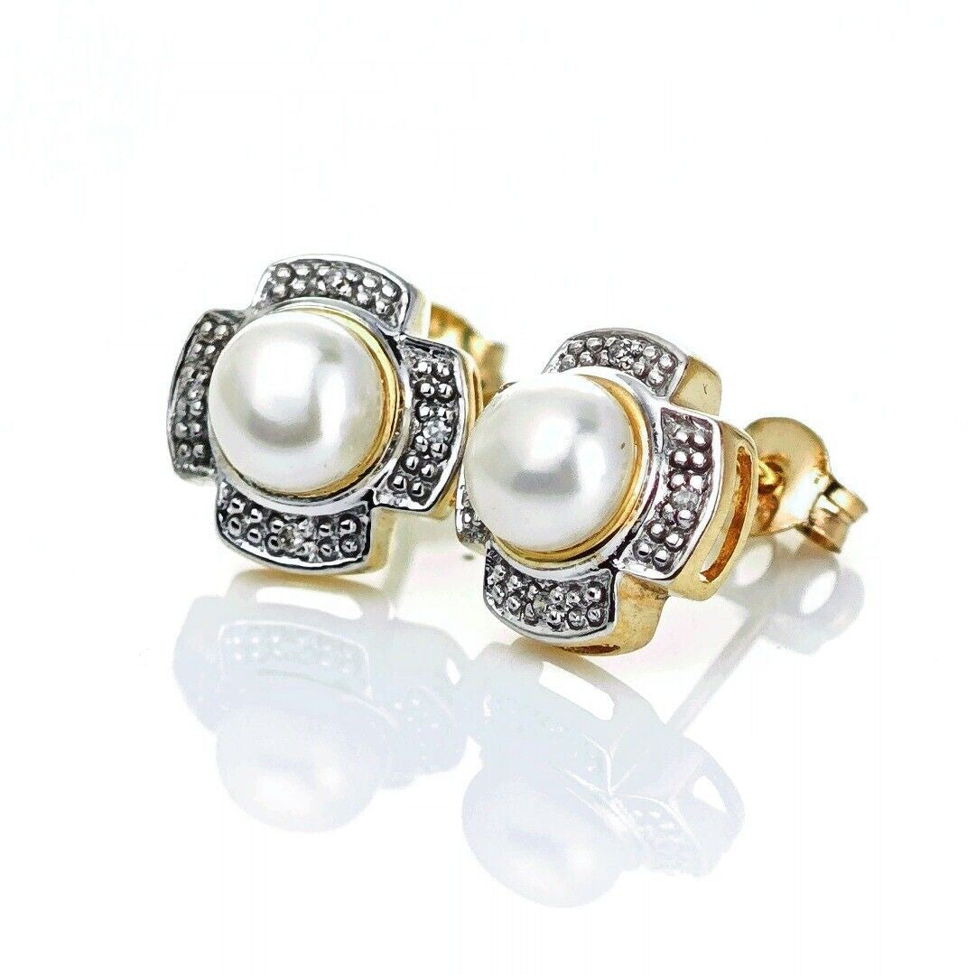 9ct Fresh Water Pearl  Diamond Earrings Gold Studs Natural Gemstones0.00ct