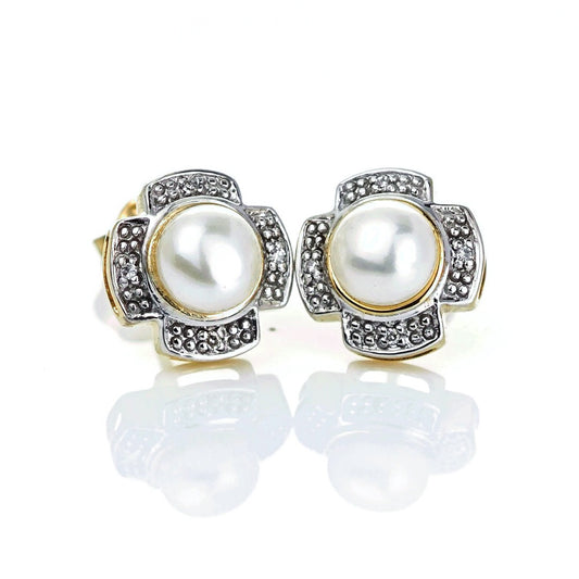 9ct Fresh Water Pearl  Diamond Earrings Gold Studs Natural Gemstones0.00ct