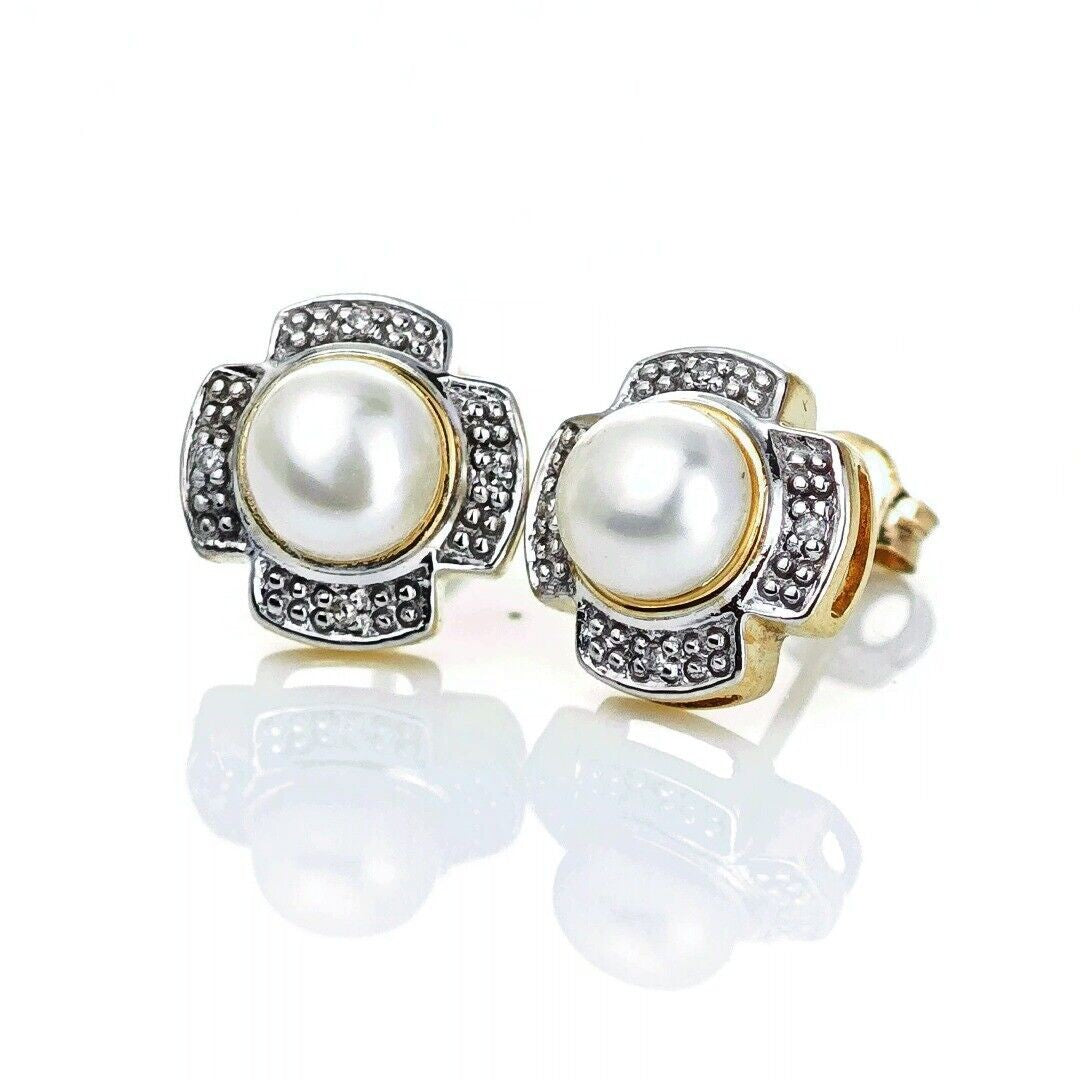9ct Fresh Water Pearl  Diamond Earrings Gold Studs Natural Gemstones0.00ct
