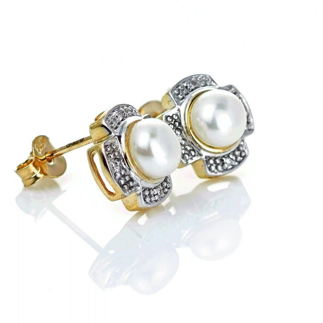 9ct Fresh Water Pearl  Diamond Earrings Gold Studs Natural Gemstones0.00ct