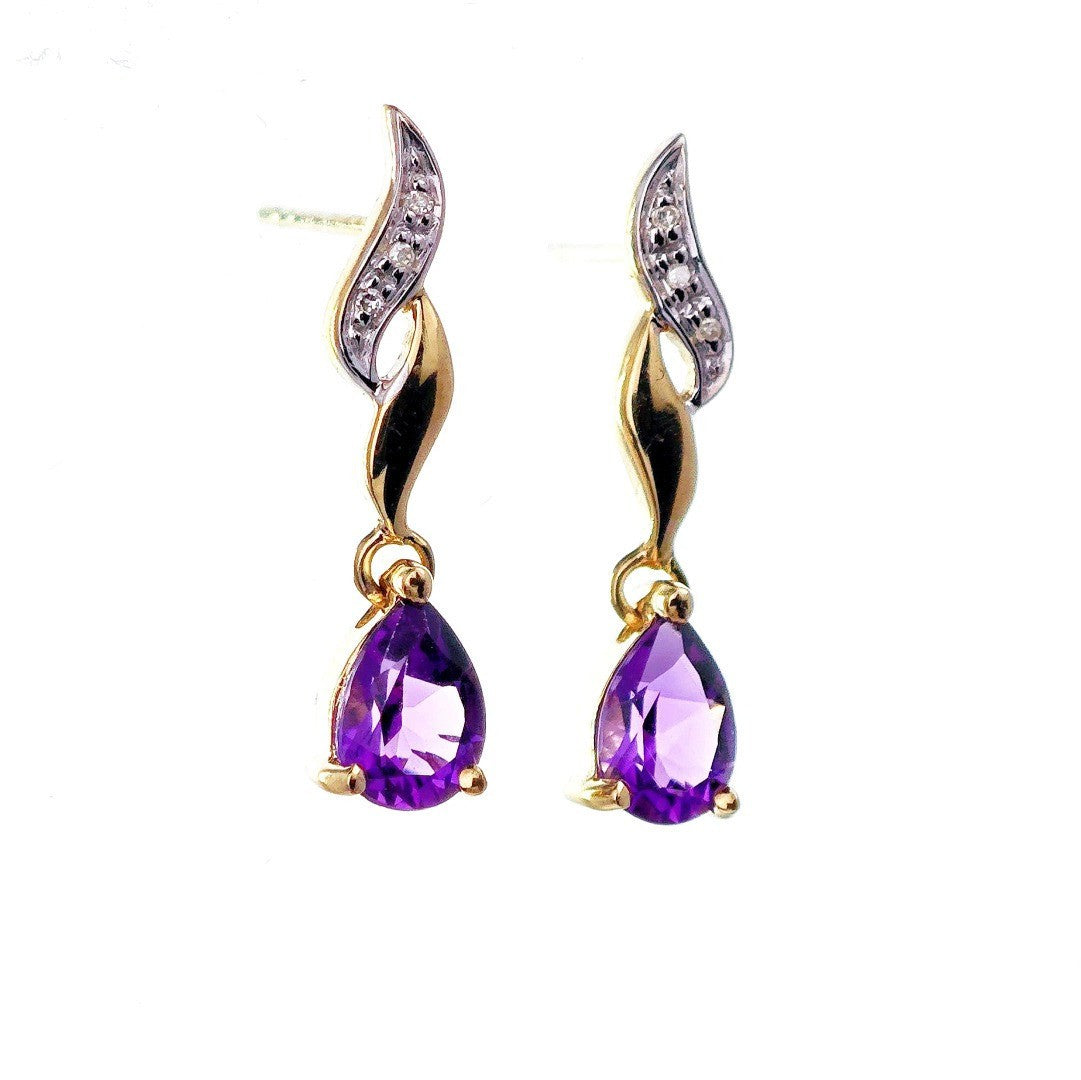 9ct Amethyst Diamond Earrings Gold Studs Natural Gemstones 1.24ct
