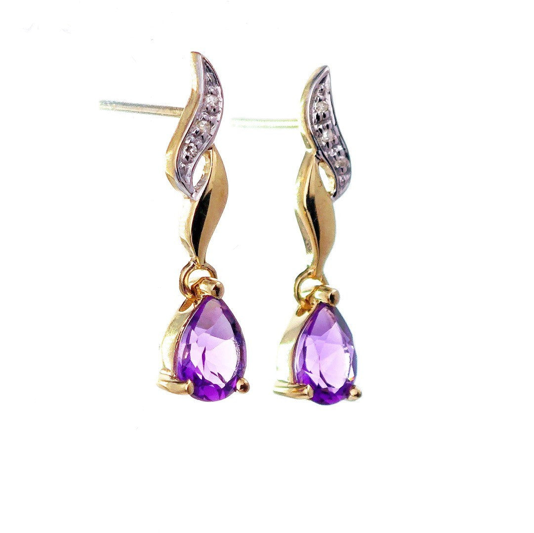 9ct Amethyst Diamond Earrings Gold Studs Natural Gemstones 1.24ct