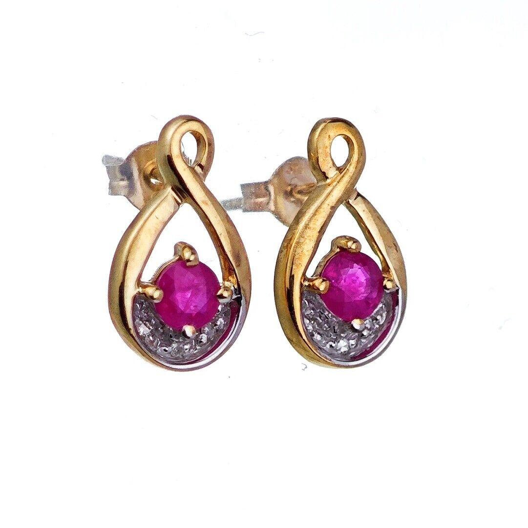 9ct Ruby Diamond Earrings Gold Studs Natural Red Gemstones 0.66ct Hallmarked