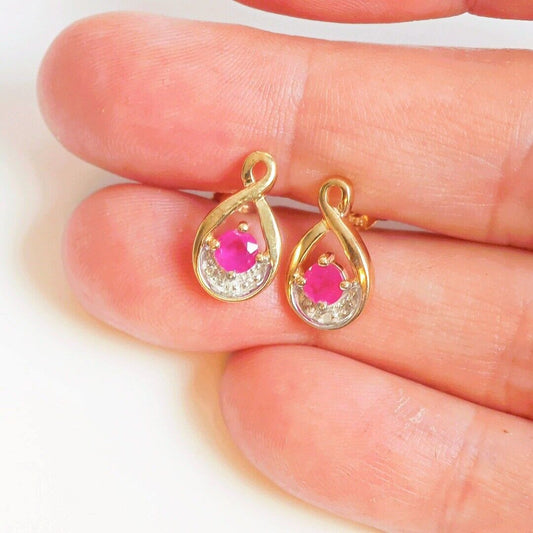 9ct Ruby Diamond Earrings Gold Studs Natural Red Gemstones 0.66ct Hallmarked