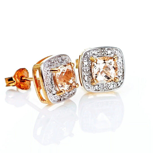 9ct Morganite Diamond Earrings Rose Gold Studs Natural Gemstones 1.62ct