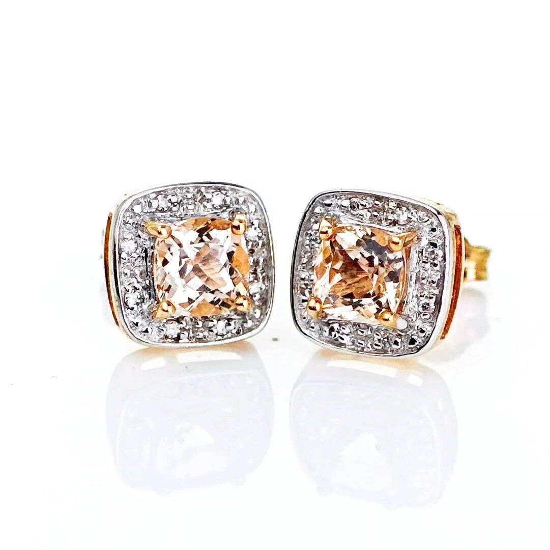 9ct Morganite Diamond Earrings Rose Gold Studs Natural Gemstones 1.62ct