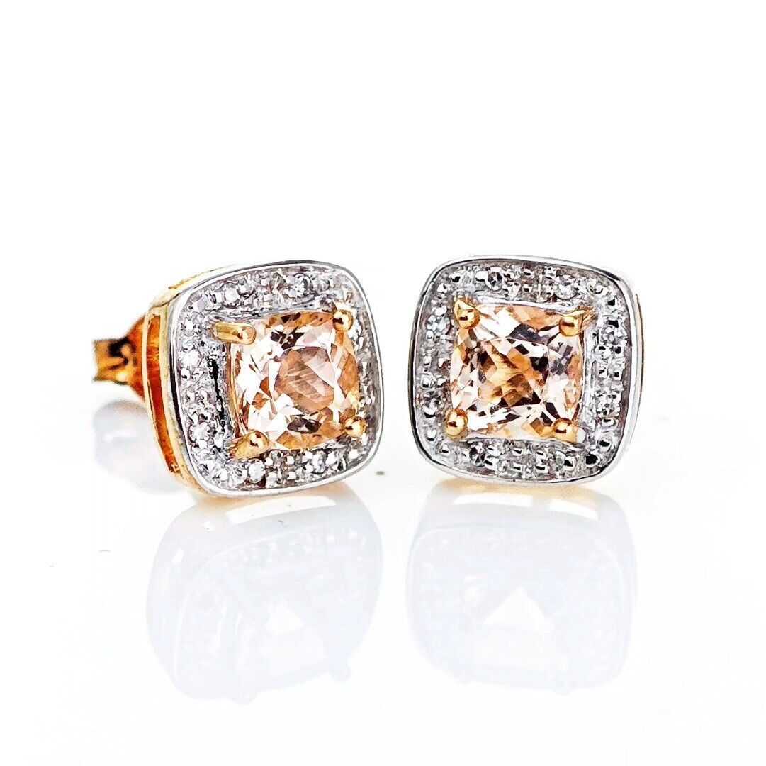 9ct Morganite Diamond Earrings Rose Gold Studs Natural Gemstones 1.62ct