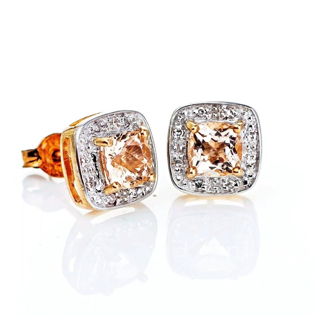 9ct Morganite Diamond Earrings Rose Gold Studs Natural Gemstones 1.62ct