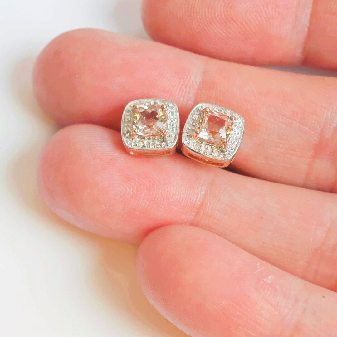 9ct Morganite Diamond Earrings Rose Gold Studs Natural Gemstones 1.62ct