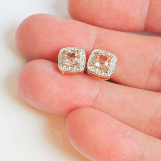 9ct Morganite Diamond Earrings Rose Gold Studs Natural Gemstones 1.62ct