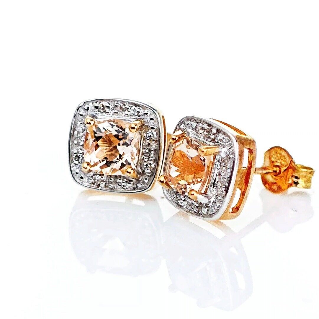 9ct Morganite Diamond Earrings Rose Gold Studs Natural Gemstones 1.62ct