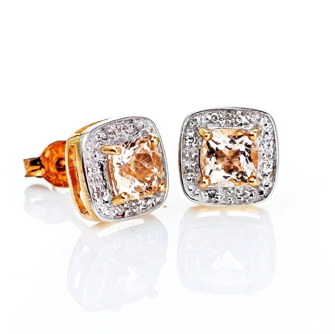 9ct Morganite Diamond Earrings Rose Gold Studs Natural Gemstones 1.62ct
