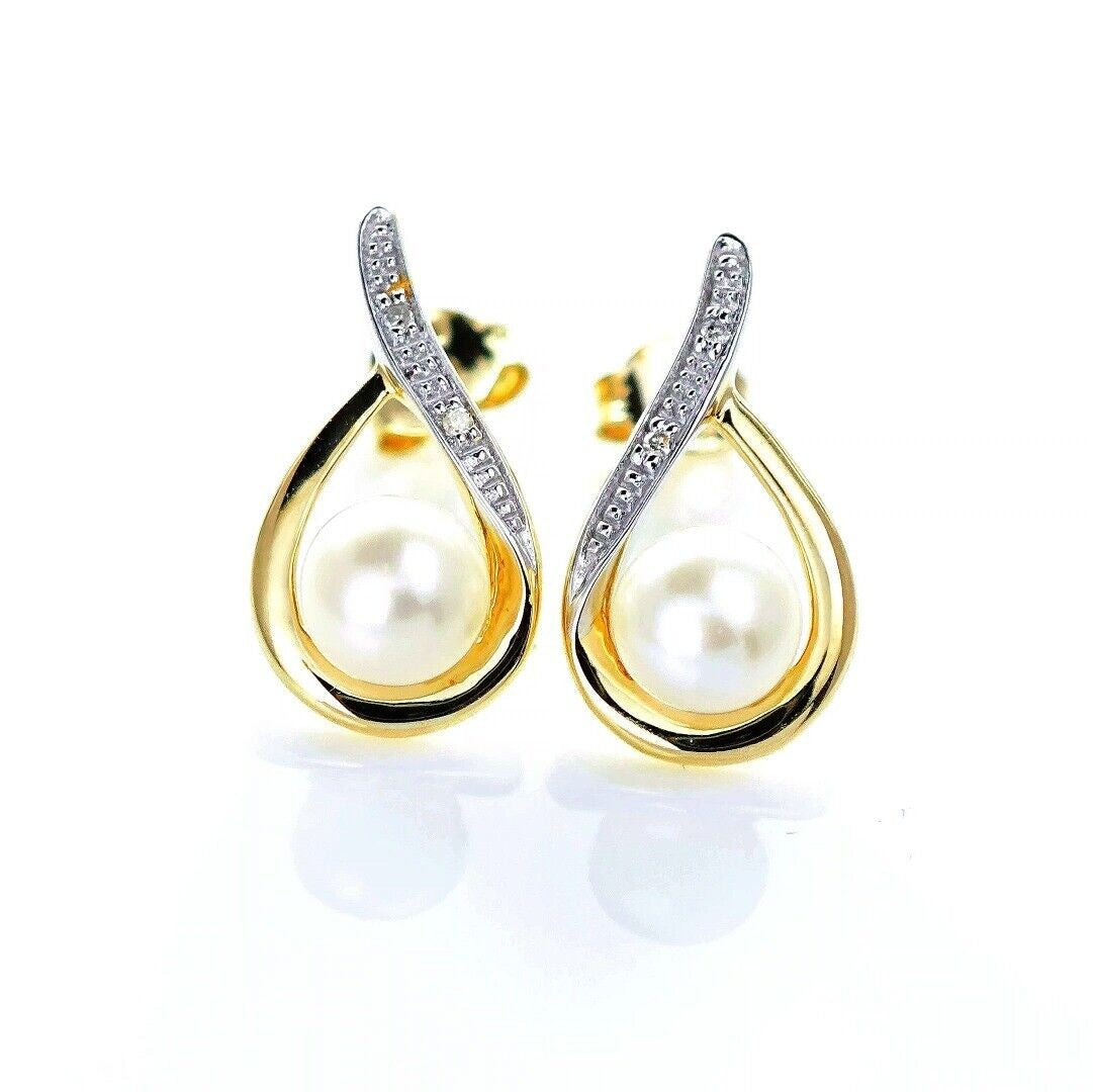 9ct Fresh Water Pearl  Diamond Earrings Gold Studs Natural Gemstones