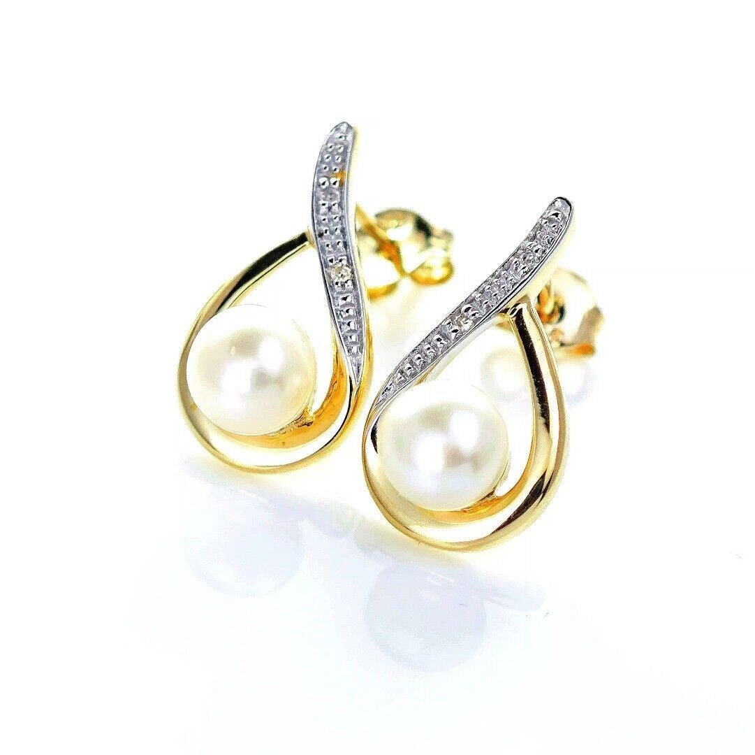 9ct Fresh Water Pearl  Diamond Earrings Gold Studs Natural Gemstones