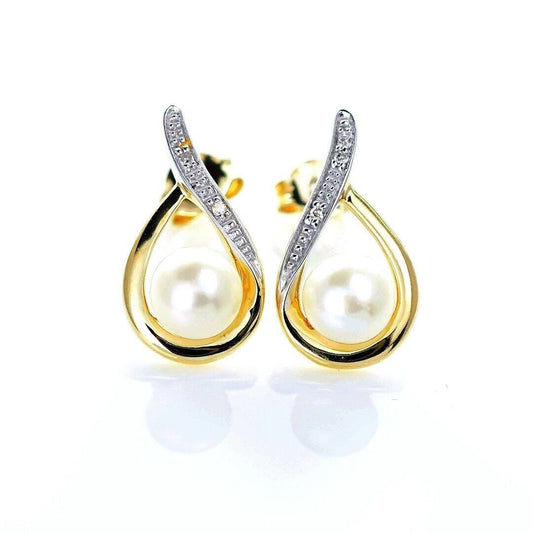 9ct Fresh Water Pearl  Diamond Earrings Gold Studs Natural Gemstones