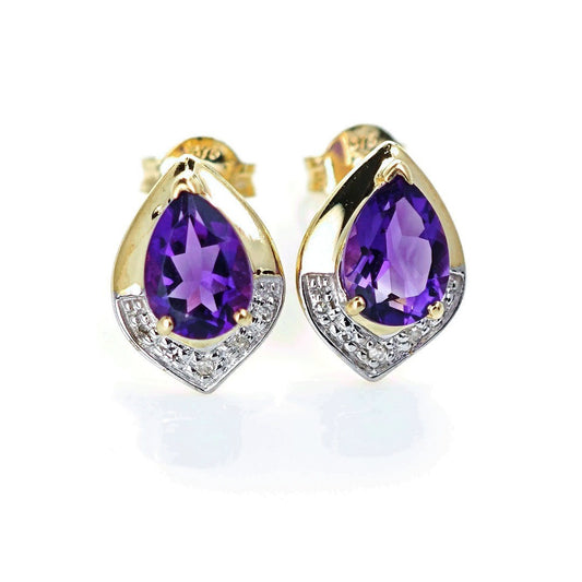 9ct Amethyst Diamond Earrings Gold Studs Natural Purple Gemstones 1.20ct