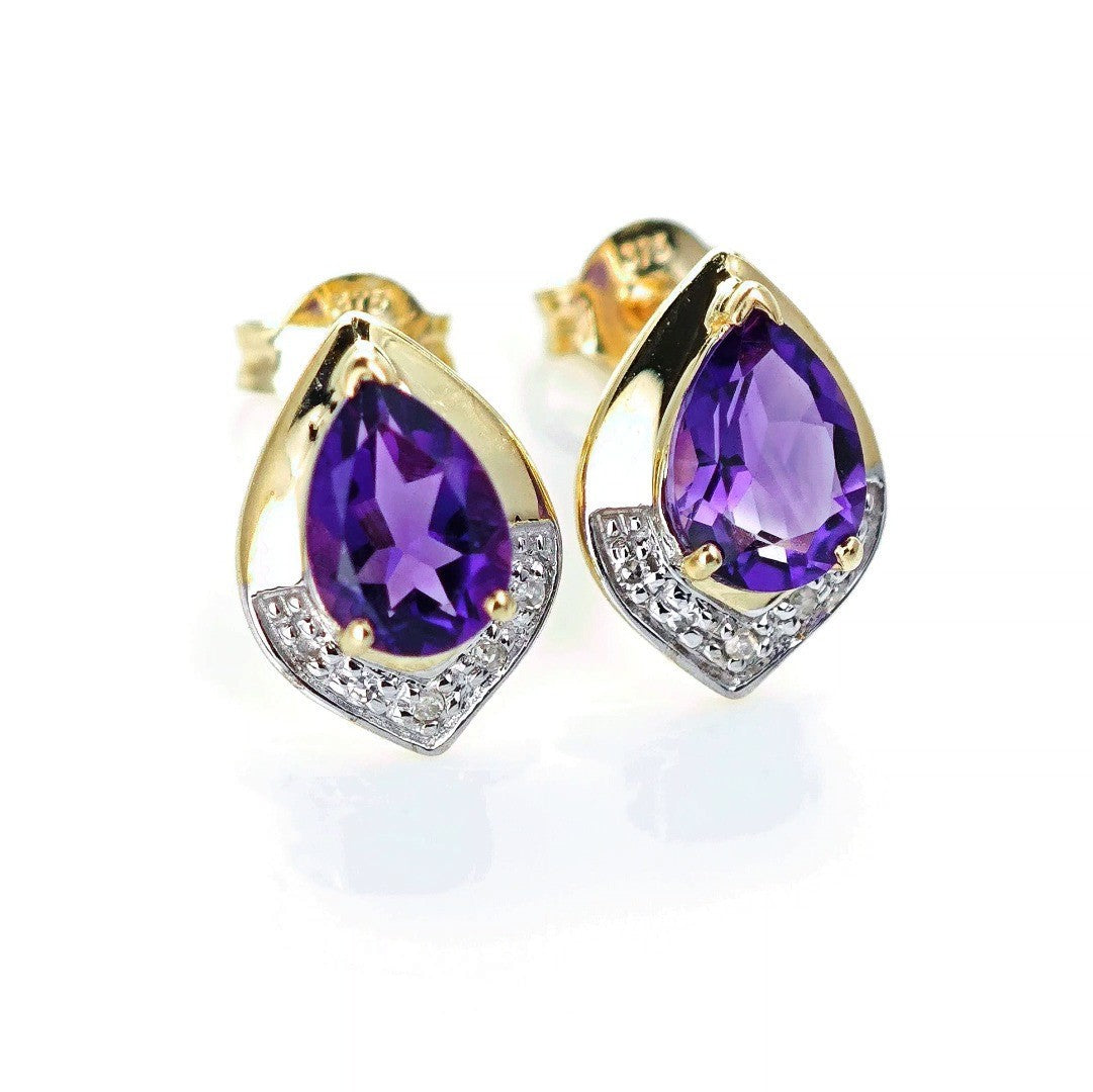 9ct Amethyst Diamond Earrings Gold Studs Natural Purple Gemstones 1.20ct