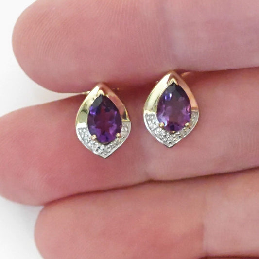 9ct Amethyst Diamond Earrings Gold Studs Natural Purple Gemstones 1.20ct