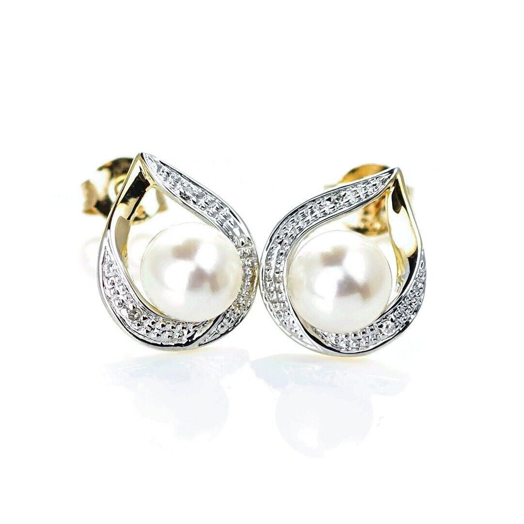 9ct Fresh Water Pearl  Diamond Earrings Gold Studs Natural Gemstones