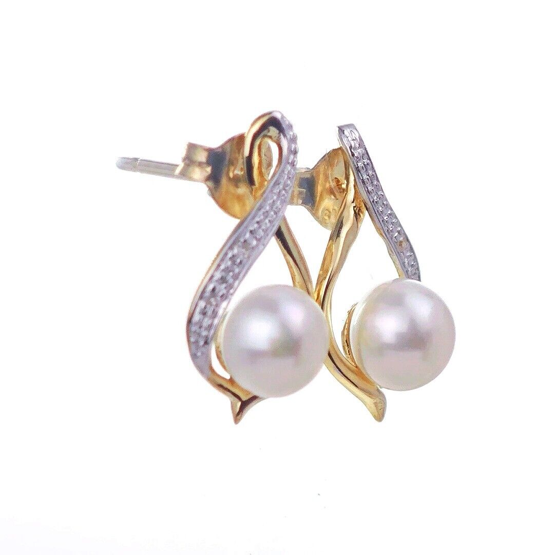 9ct Fresh Water Pearl  Diamond Earrings Gold Studs Natural Gemstones