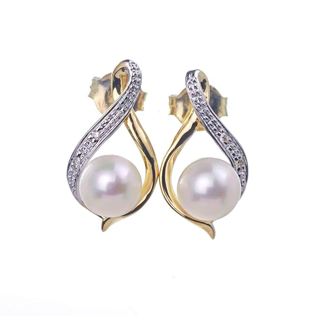 9ct Fresh Water Pearl  Diamond Earrings Gold Studs Natural Gemstones