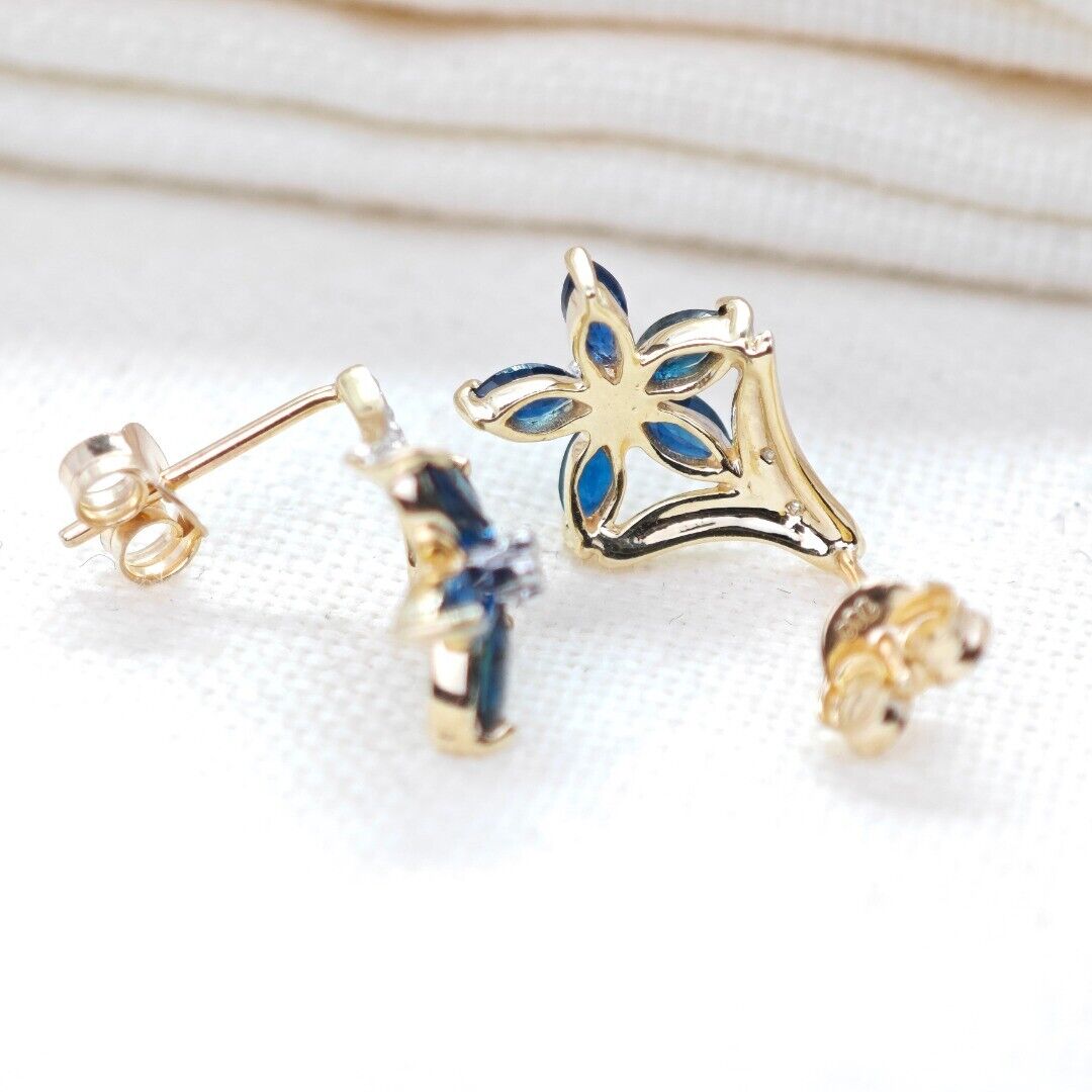 9ct Sapphire  Diamond Earrings Gold Studs Natural Blue Gemstones 0.86ct