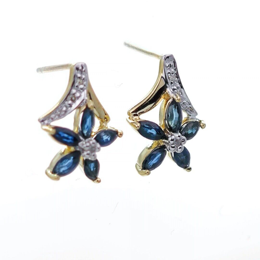 9ct Sapphire  Diamond Earrings Gold Studs Natural Blue Gemstones 0.86ct