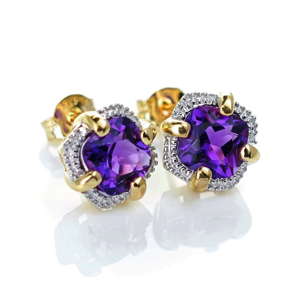 9ct Amethyst Earrings Gold Studs Natural Gemstones 1.73ct