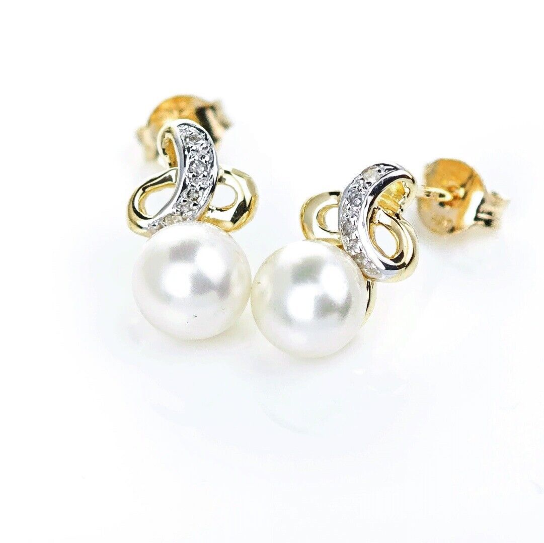 9ct Fresh Water Pearl Diamond Earrings Gold Studs Natural 6mm Gemstones