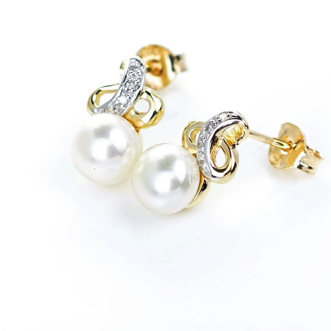 9ct Fresh Water Pearl Diamond Earrings Gold Studs Natural 6mm Gemstones