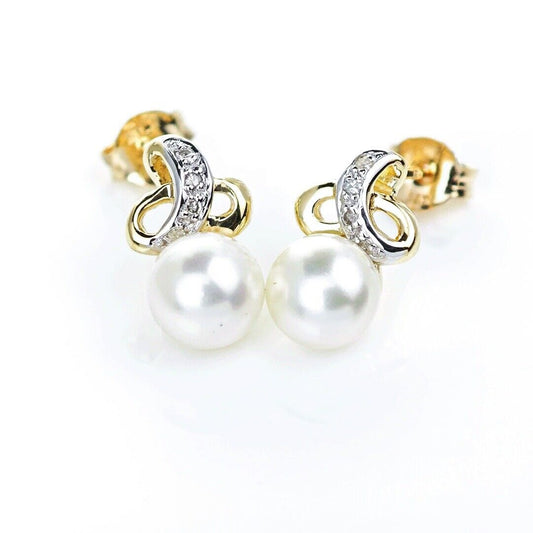 9ct Fresh Water Pearl Diamond Earrings Gold Studs Natural 6mm Gemstones
