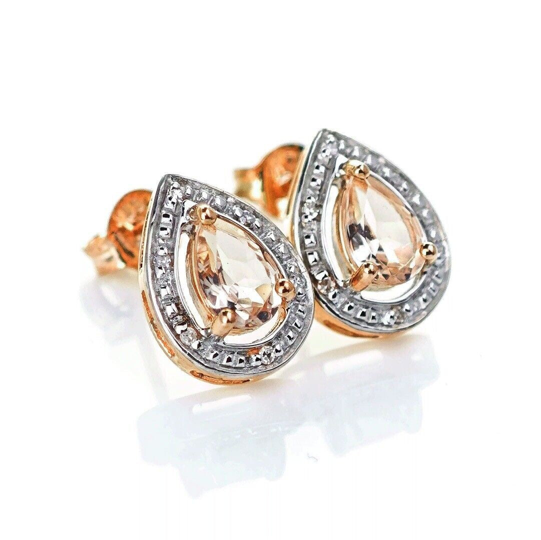 9ct Morganite Diamond Earrings Gold Studs Natural Gemstones 0.70ct